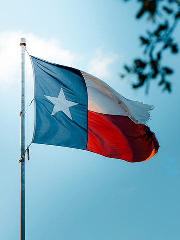 Texas flag waving against a blue sky